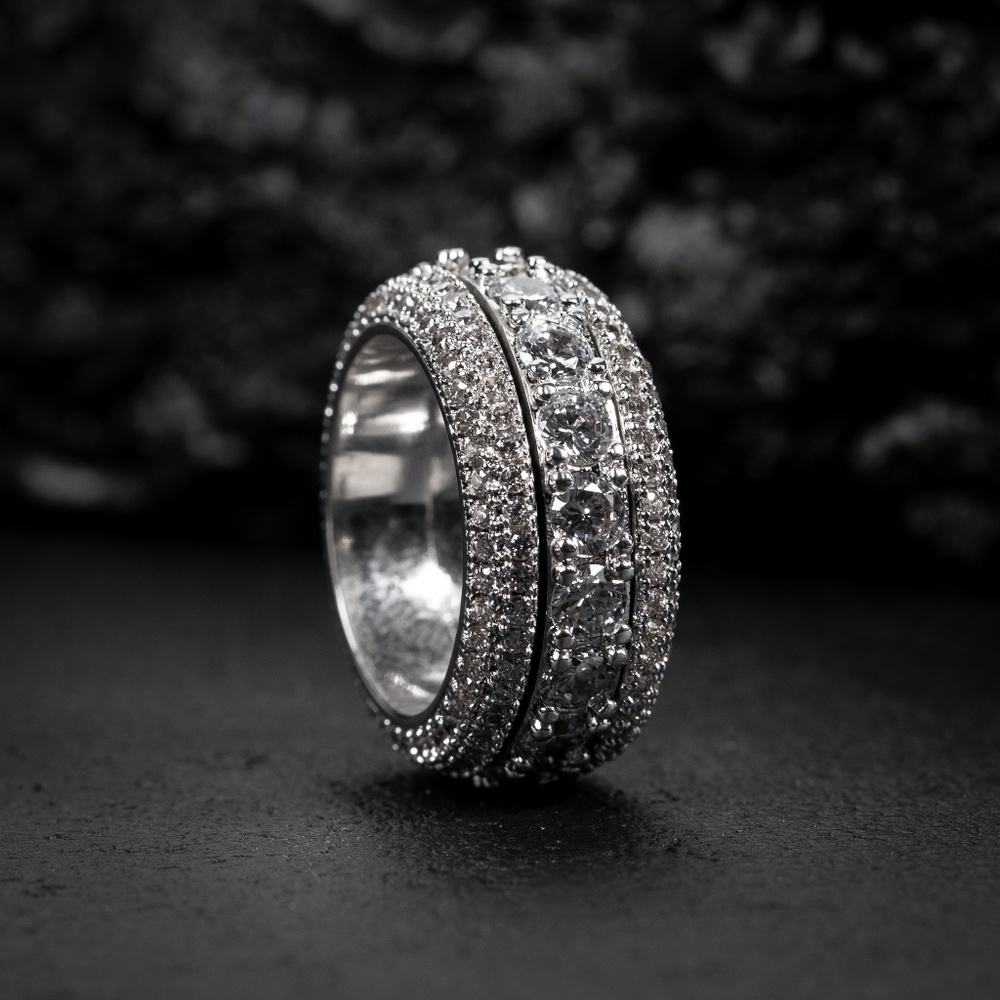 Men's White Gold Plated Iced Cz Pointer Hip Hop Elegant 5 Layered Eternity Ring